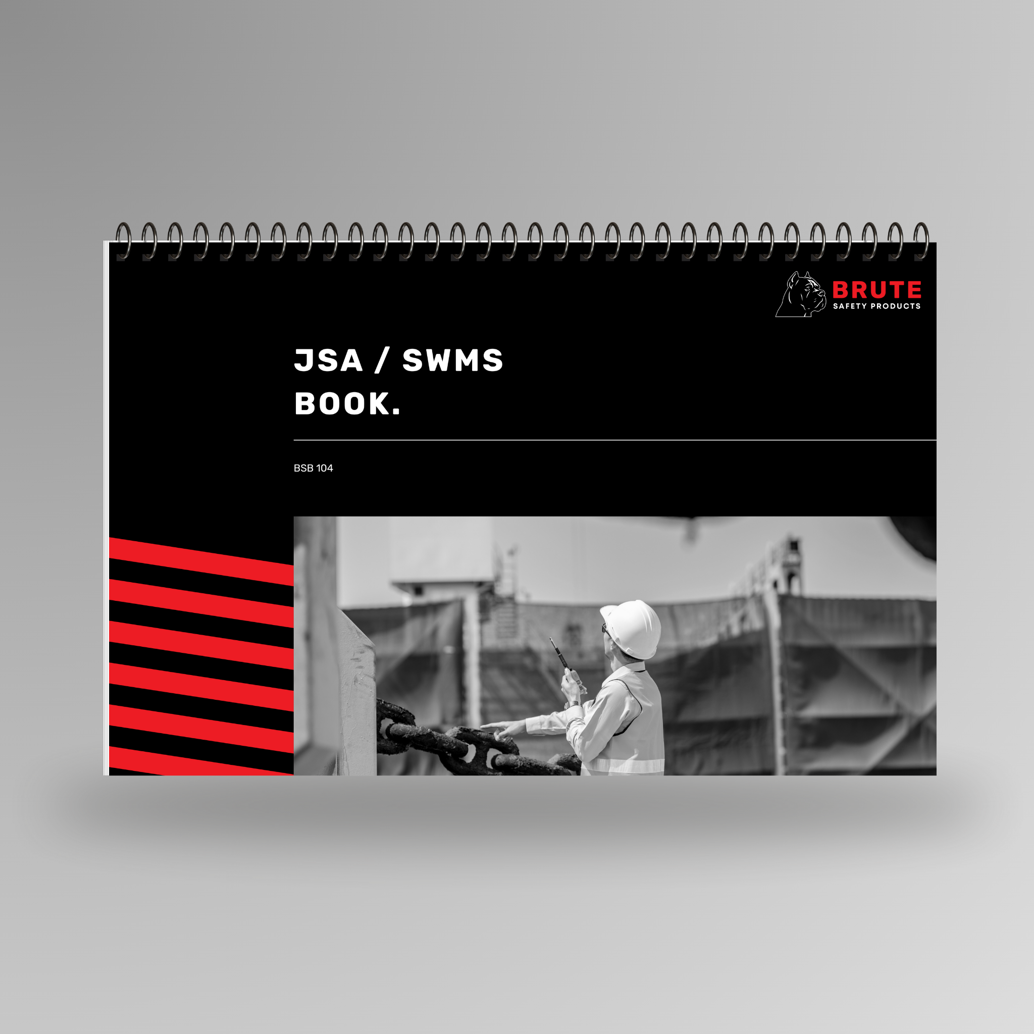 BSB 104 JSA SWMS Book shown upright in red with Brute Safety Products branding, coil bound on long edge