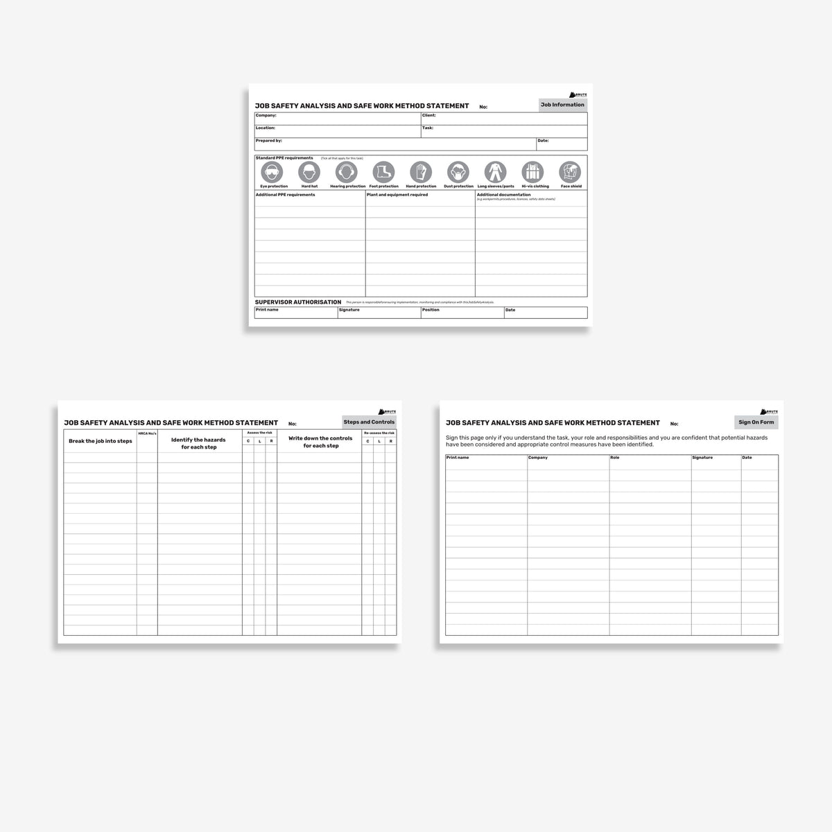 BSB 104 JSA SWMS Book opened flat showing job safety analysis and safe work method statement fields on 100gsm paper at 210 x 297 mm size