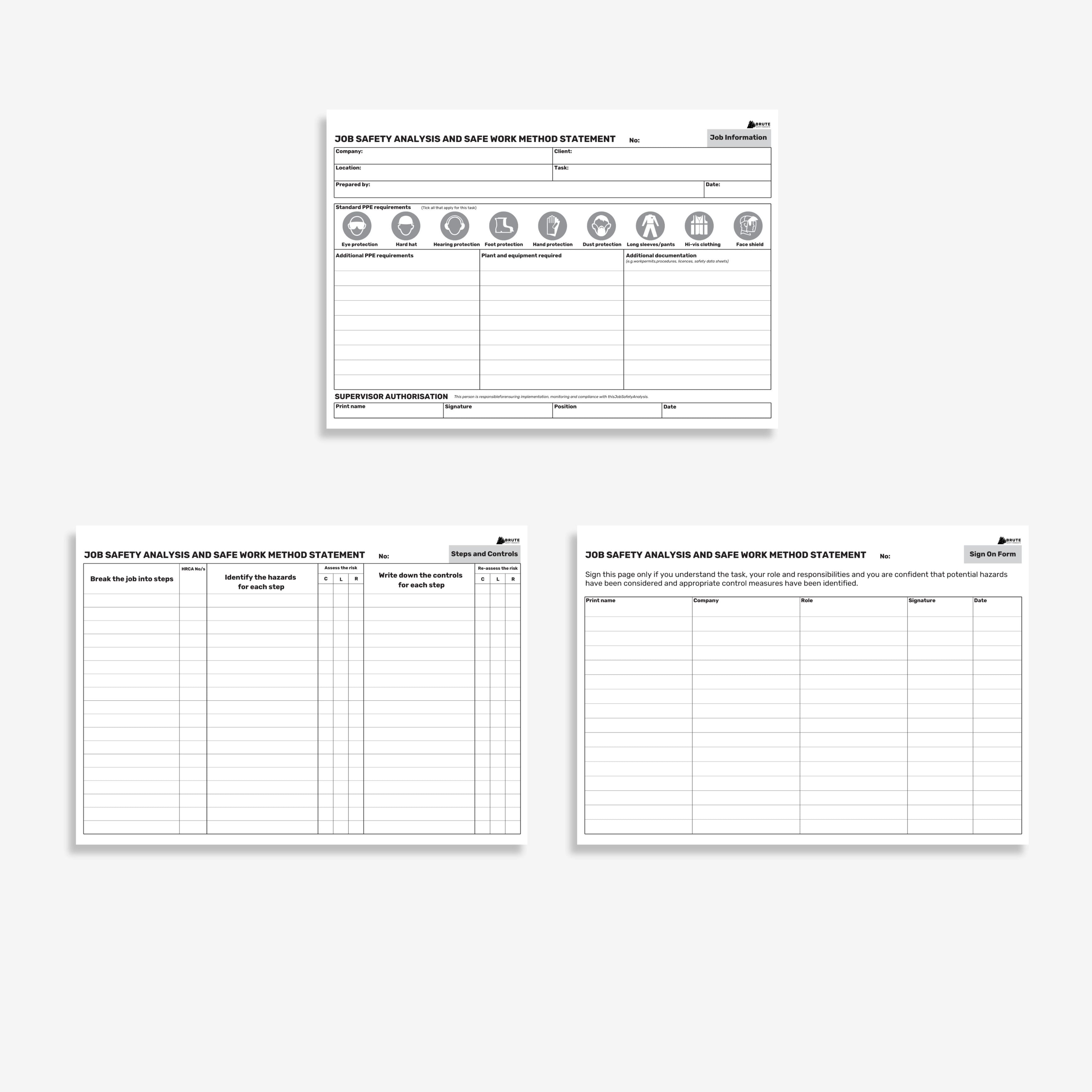 BSB 104 JSA SWMS Book opened flat showing job safety analysis and safe work method statement fields on 100gsm paper at 210 x 297 mm size