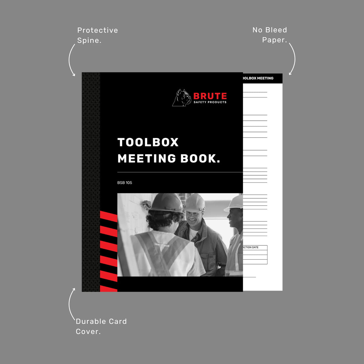 Toolbox Meeting Book benefits callout highlighting 50 duplicate sets, writing shield and safety communication documentation features