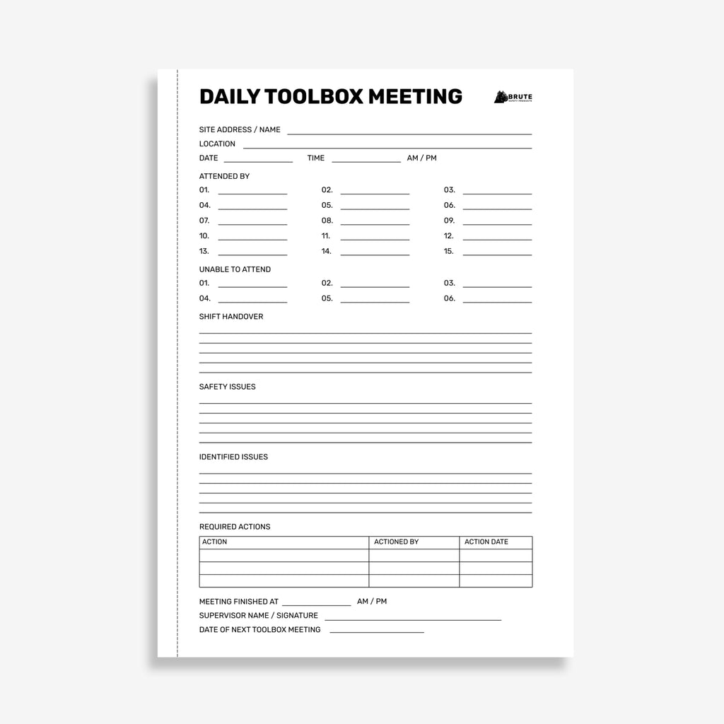 BSB 105 Toolbox Meeting Book opened flat showing duplicate sets with meeting date, attendee and discussion topic fields at 297 x 210 mm size