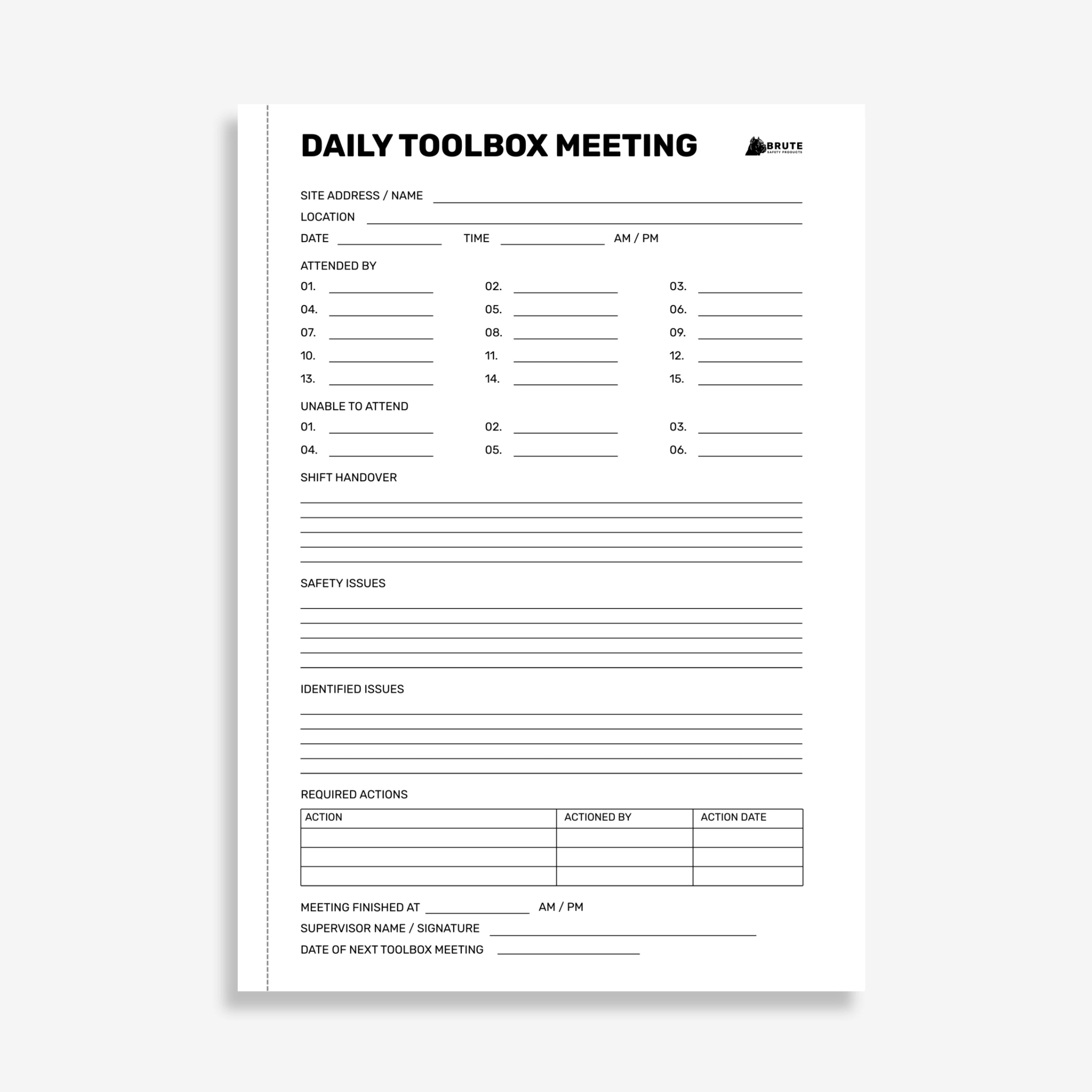 BSB 105 Toolbox Meeting Book opened flat showing duplicate sets with meeting date, attendee and discussion topic fields at 297 x 210 mm size
