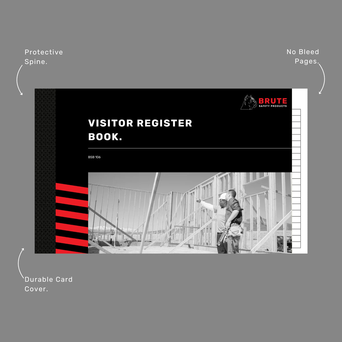 Visitor Register Book benefits callout highlighting coil binding, 100gsm paper and site access control documentation features