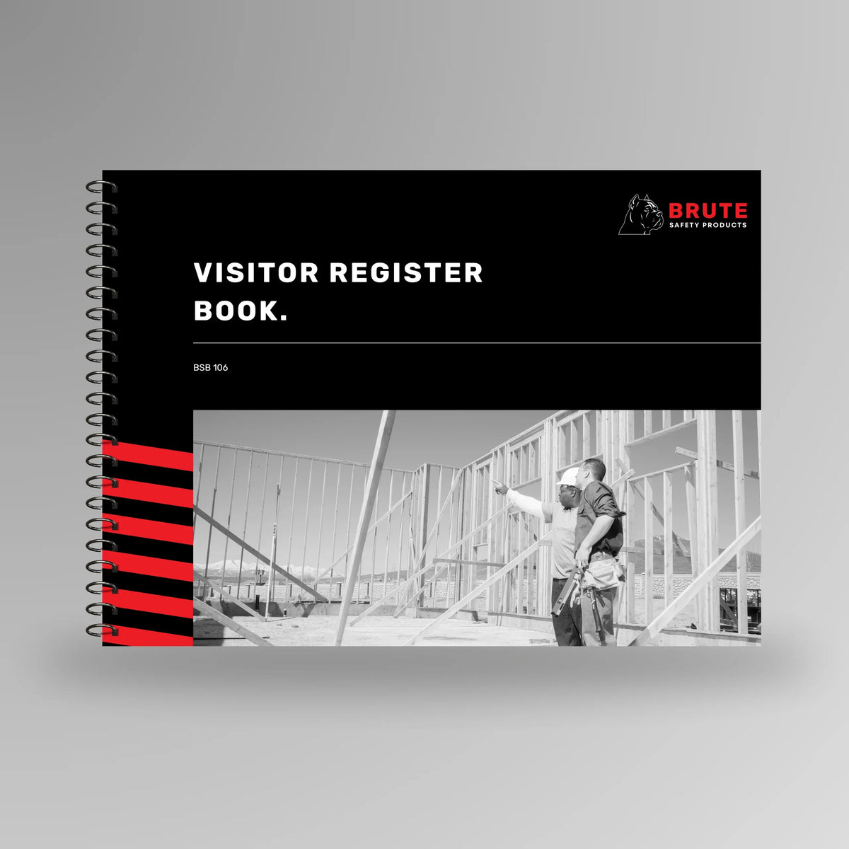BSB 106 Site Visitor Register Book shown upright in red with Brute Safety Products branding, coil bound on left edge