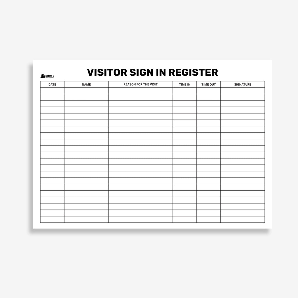 BSB 106 Visitor Register Book opened flat showing visitor tracking fields including name, company, time and emergency contact on 100gsm paper at 210 x 297 mm size