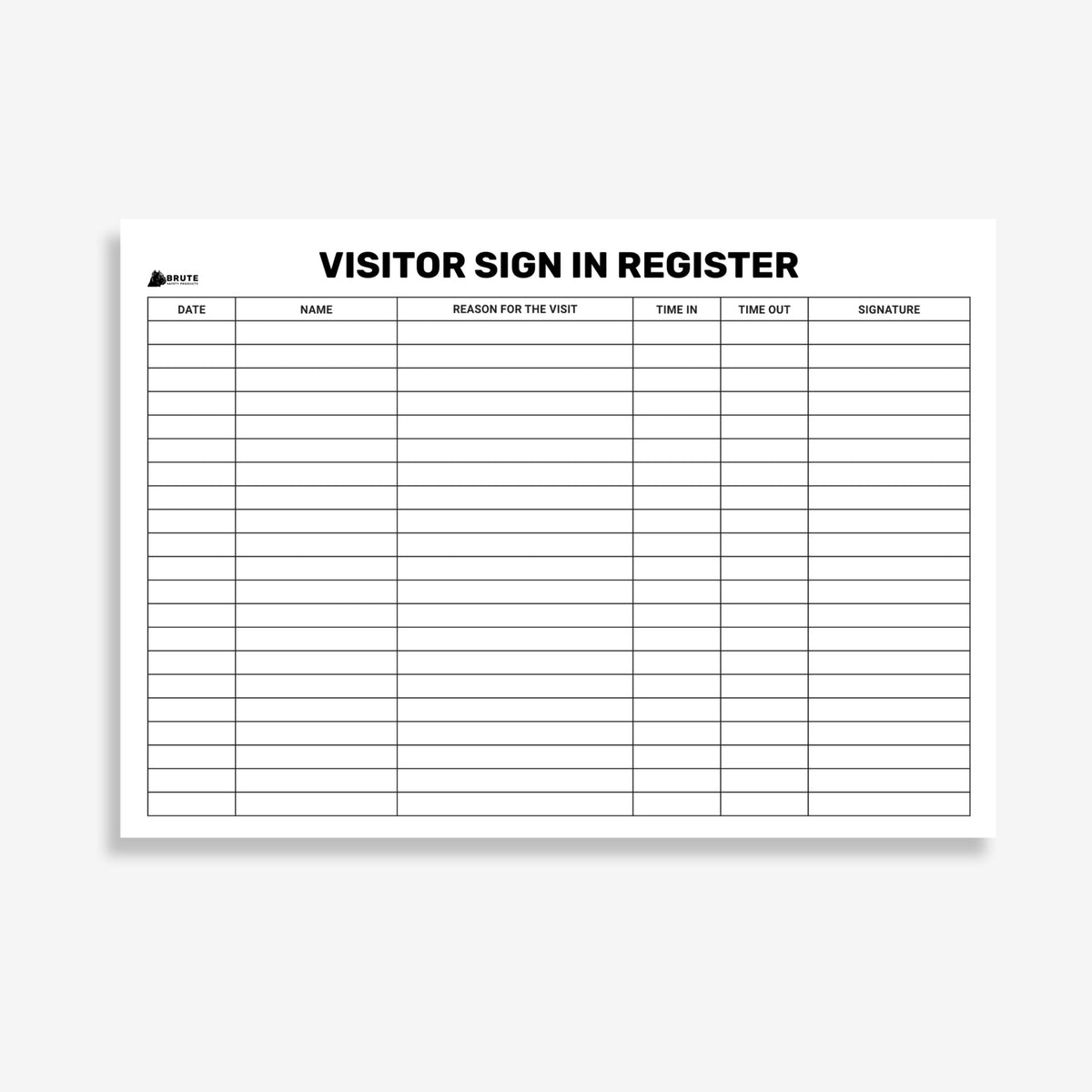 BSB 106 Visitor Register Book opened flat showing visitor tracking fields including name, company, time and emergency contact on 100gsm paper at 210 x 297 mm size