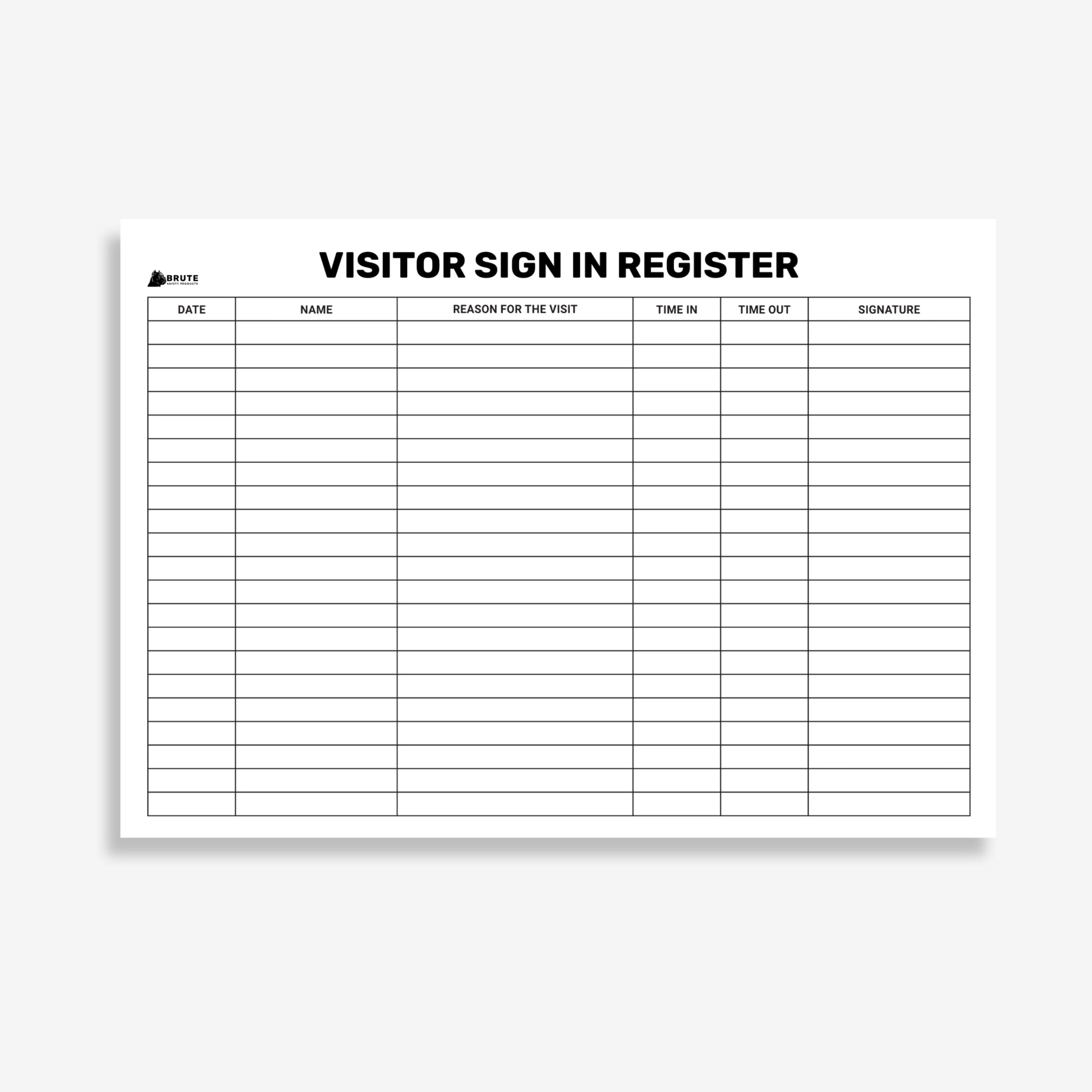 BSB 106 Visitor Register Book opened flat showing visitor tracking fields including name, company, time and emergency contact on 100gsm paper at 210 x 297 mm size