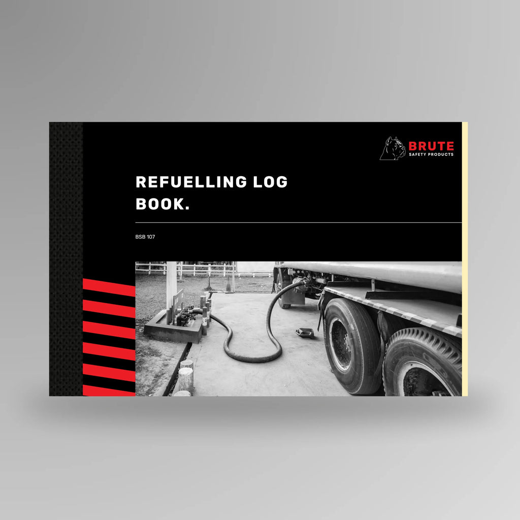 BSB 107 Refuelling Log Book shown upright in red with Brute Safety Products branding on A5 portrait cover
