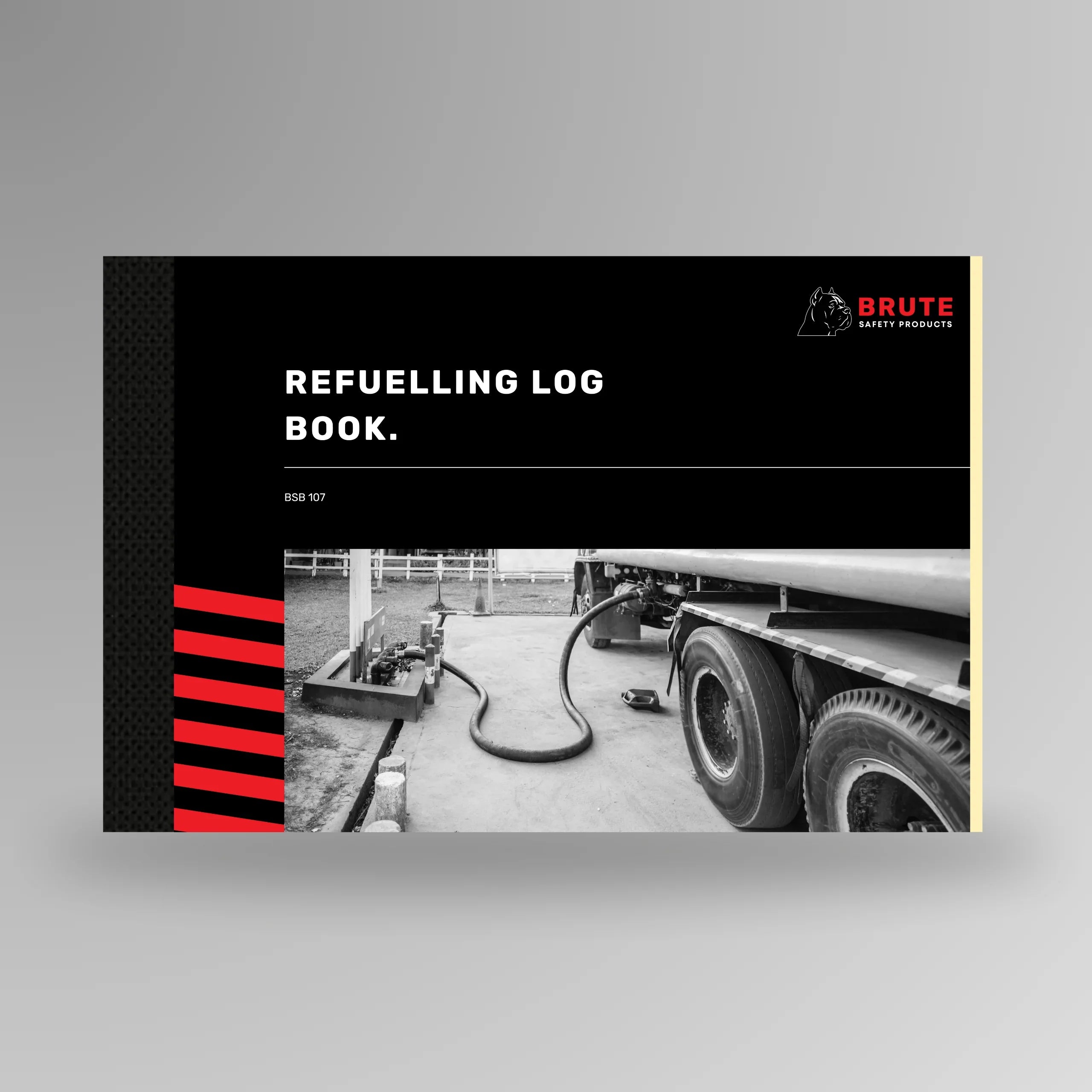 BSB 107 Refuelling Log Book shown upright in red with Brute Safety Products branding on A5 portrait cover