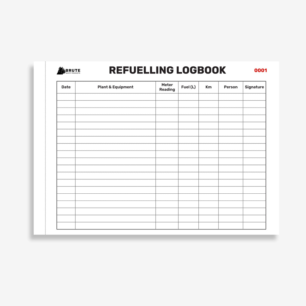 BSB 107 Refuelling Log Book opened flat showing duplicate sets with fuel quantity, equipment and operator tracking fields at 210 x 148 mm size