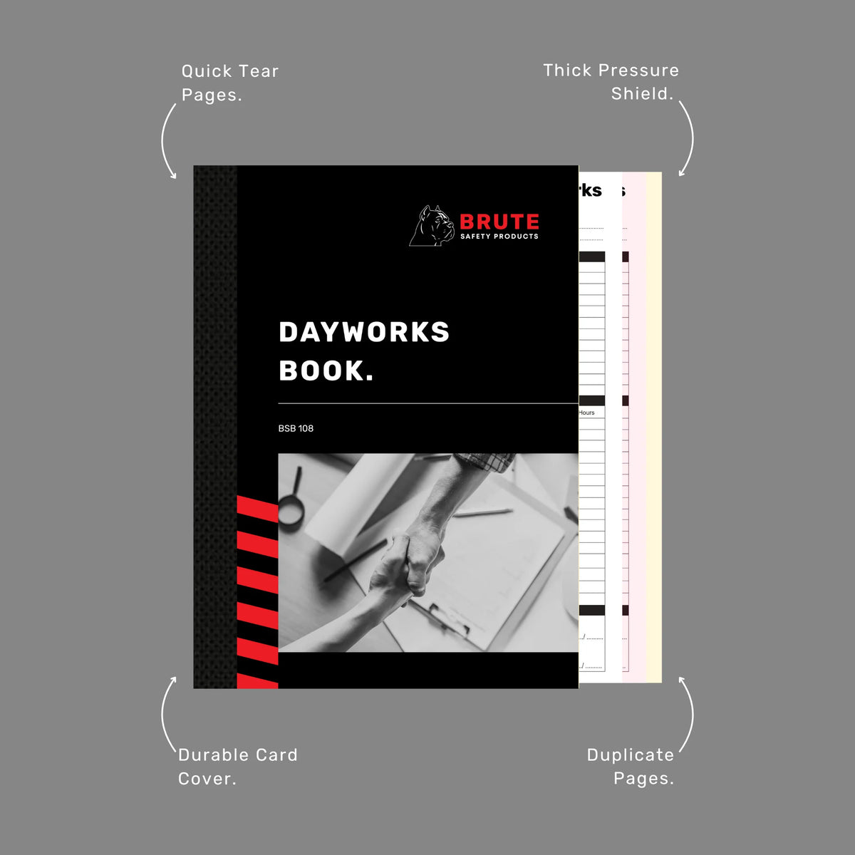 Dayworks Book benefits callout highlighting 50 duplicate sets, writing shield and extra work documentation features