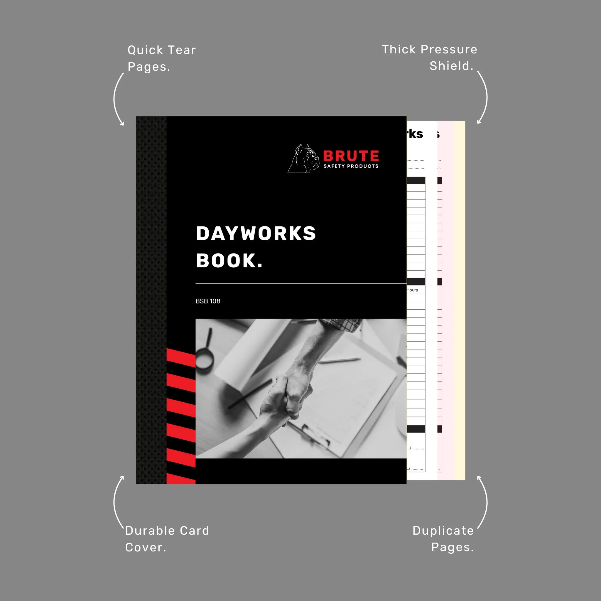 Dayworks Book benefits callout highlighting 50 duplicate sets, writing shield and extra work documentation features