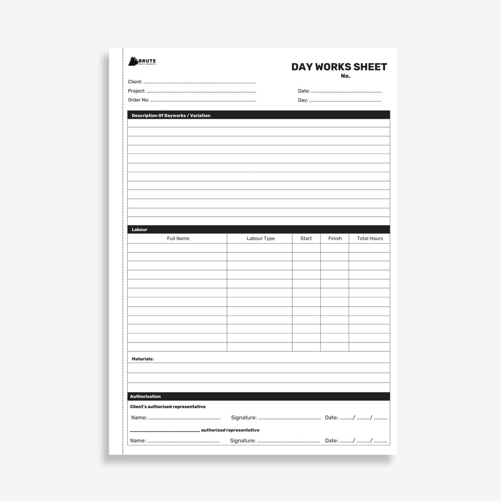 BSB 108 Dayworks Book opened flat showing duplicate sets with labour hours, equipment, materials and sign off fields at 297 x 210 mm size