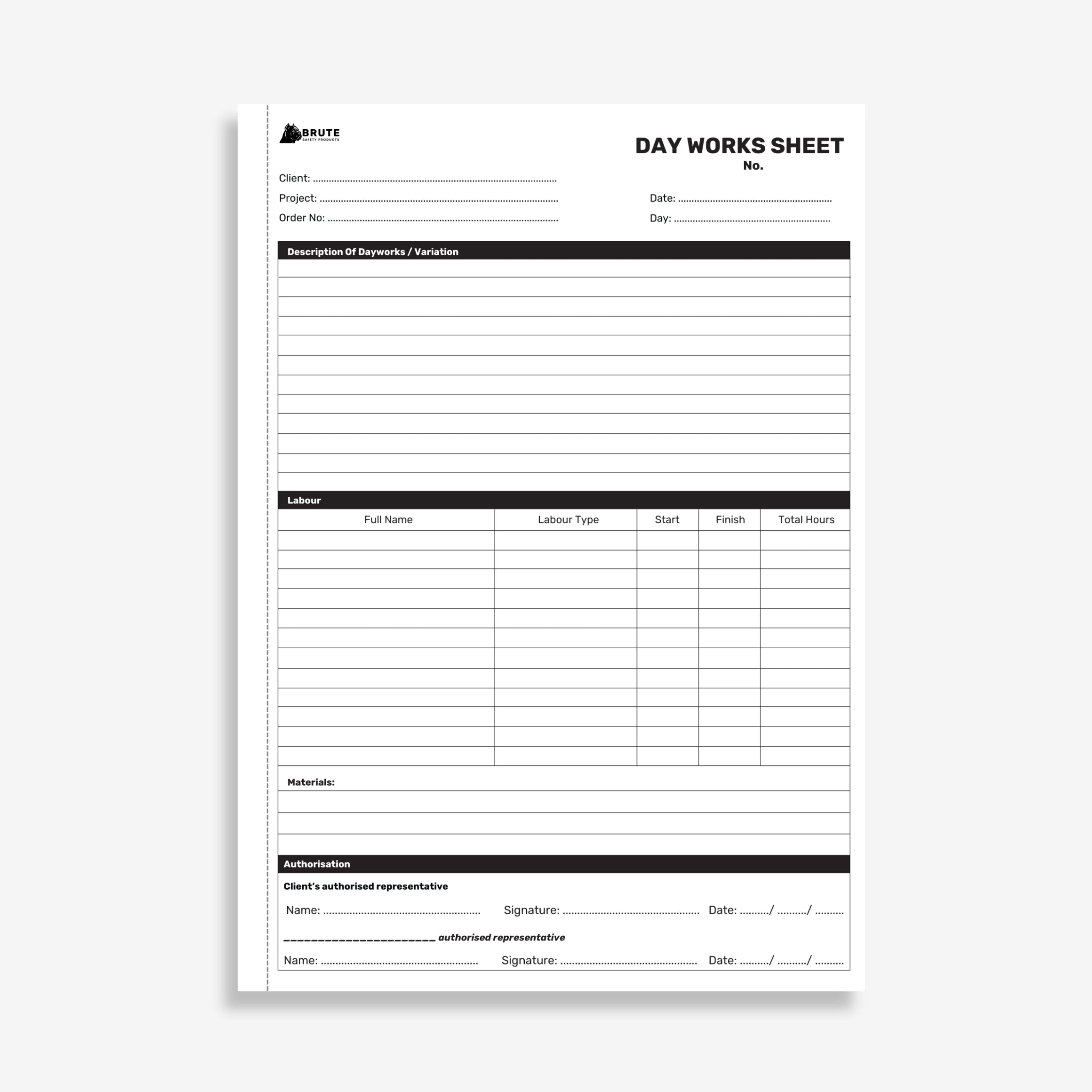 BSB 108 Dayworks Book opened flat showing duplicate sets with labour hours, equipment, materials and sign off fields at 297 x 210 mm size