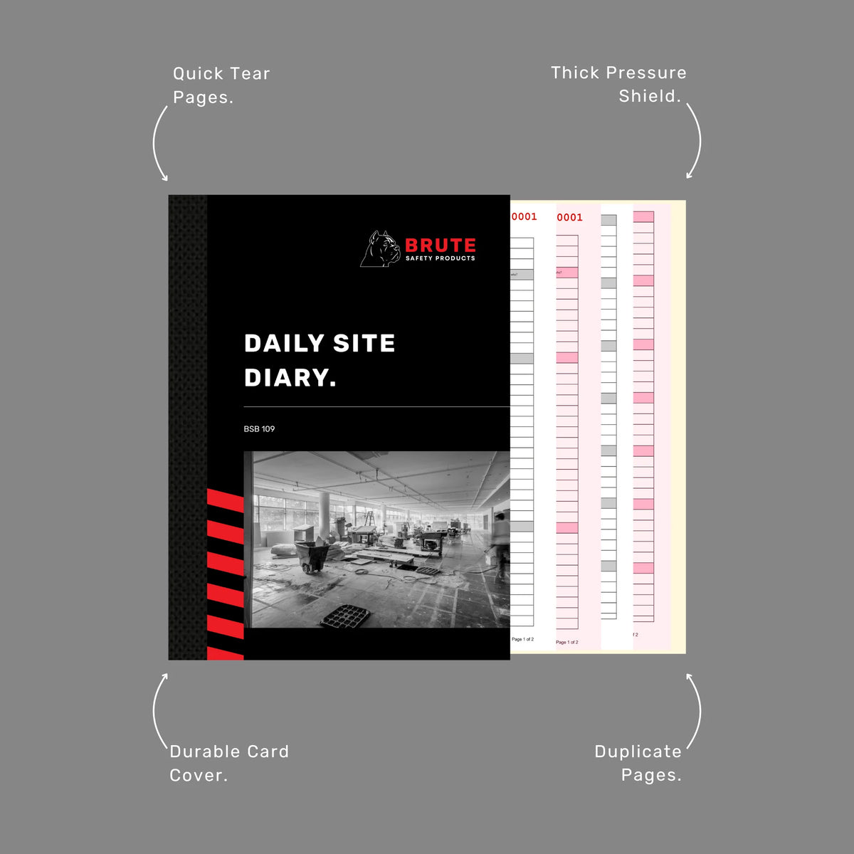 Daily Site Diary benefits callout highlighting 50 duplicate sets, writing shield and project record documentation features