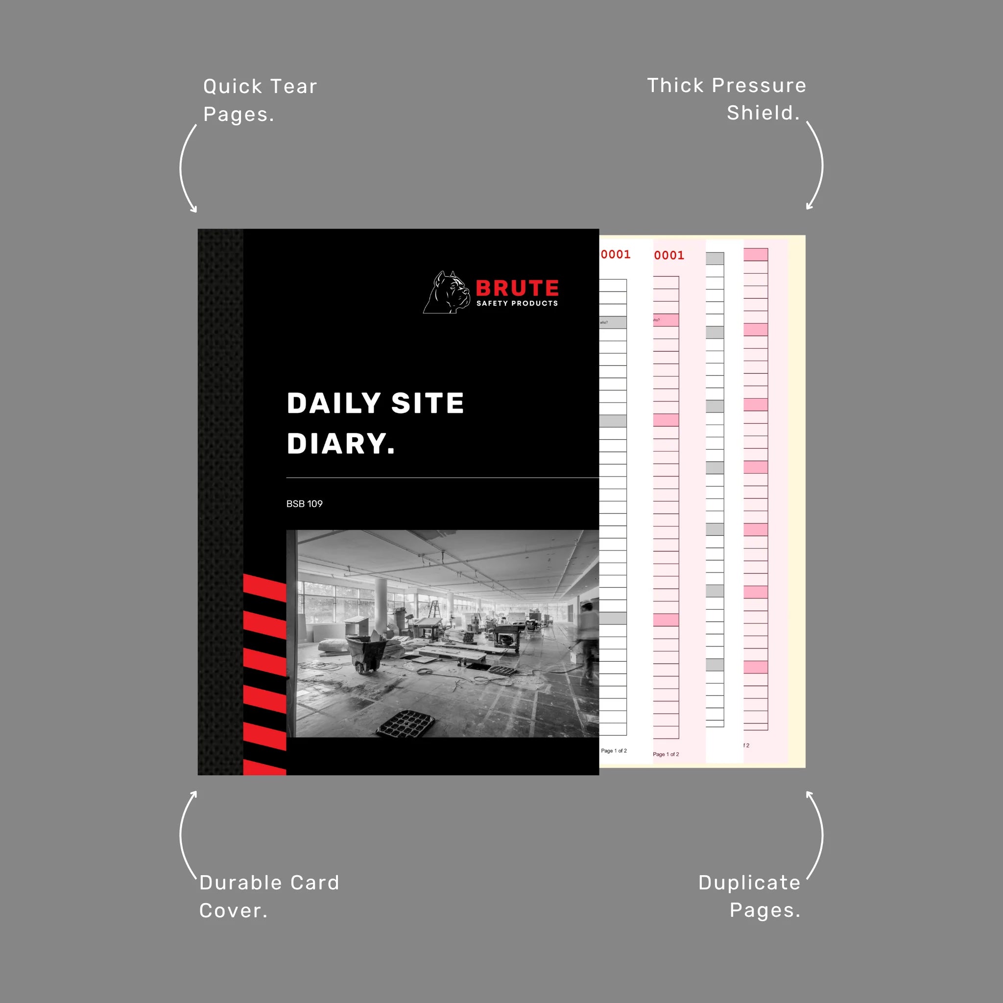 Daily Site Diary benefits callout highlighting 50 duplicate sets, writing shield and project record documentation features