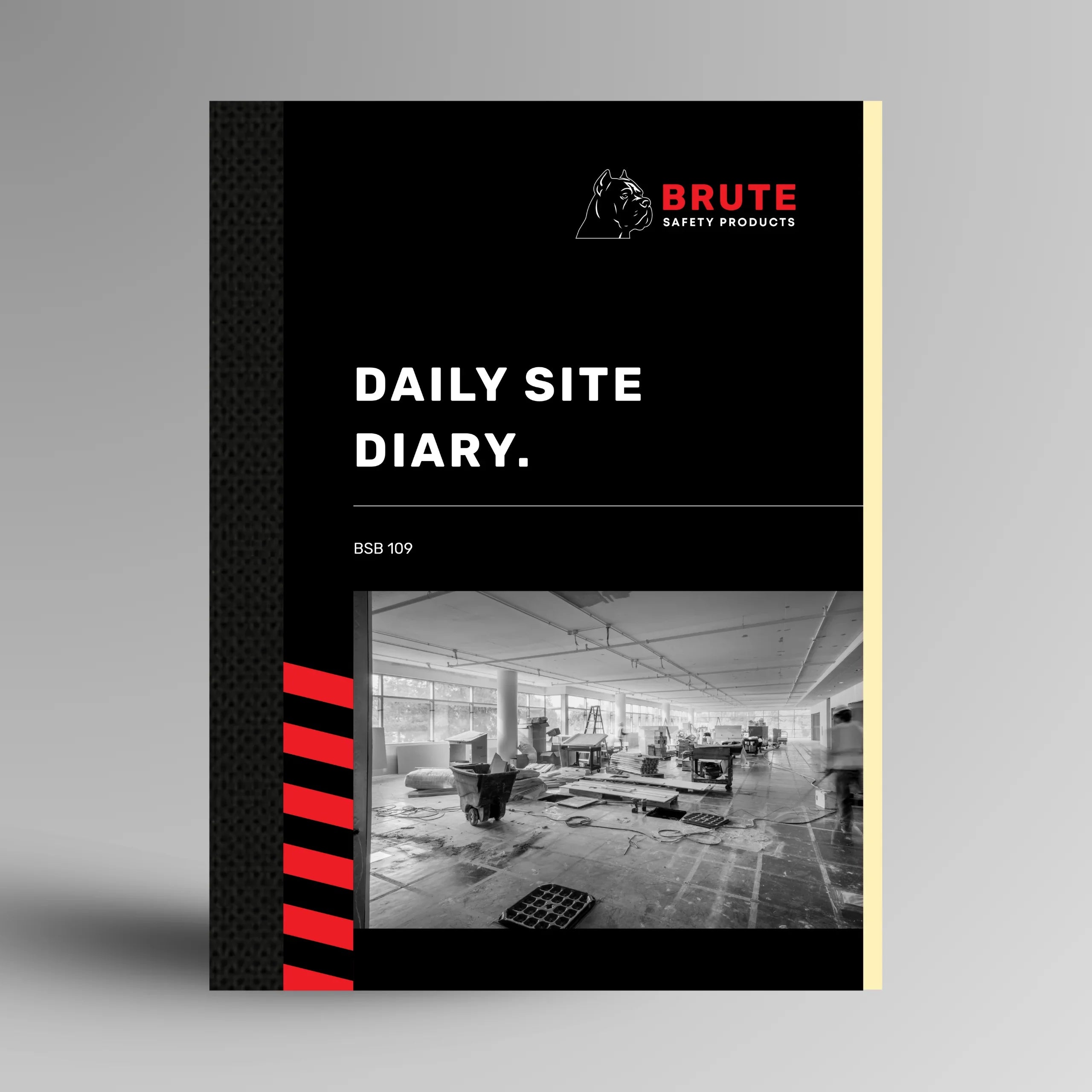 BSB 109 Daily Site Diary shown upright in red with Brute Safety Products branding on A4 portrait cover
