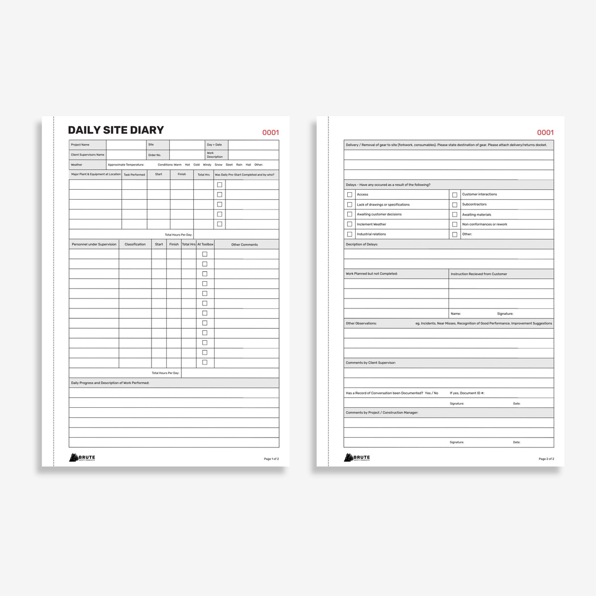BSB 109 Daily Site Diary opened flat showing duplicate sets with weather, workers, equipment and progress tracking fields at 297 x 210 mm size