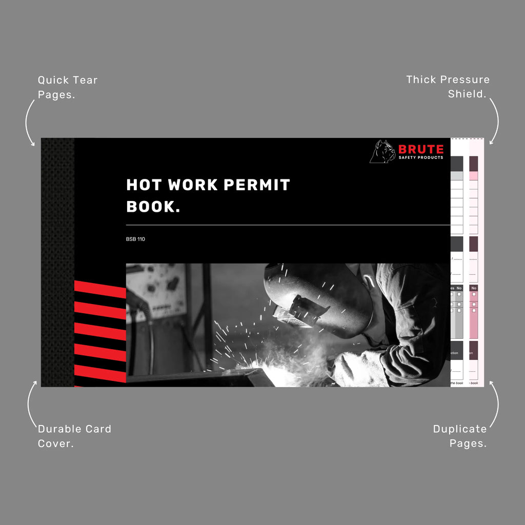 Hot Works Permit Book benefits callout highlighting 50 duplicate sets, writing shield and fire risk control documentation features