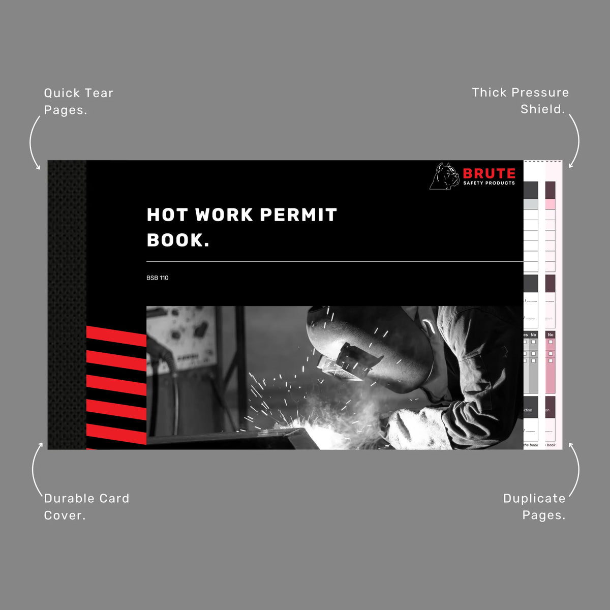 Hot Works Permit Book benefits callout highlighting 50 duplicate sets, writing shield and fire risk control documentation features