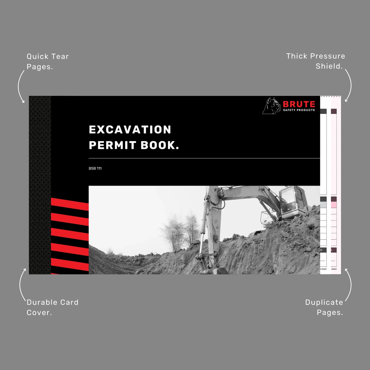 Excavation Permit Book benefits callout highlighting 50 duplicate sets, writing shield and underground service protection documentation features