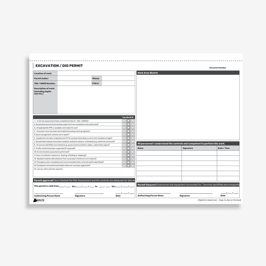 BSB 111 Excavation Permit Book opened flat showing duplicate sets with location, service checks and control measure fields at 210 x 297 mm size