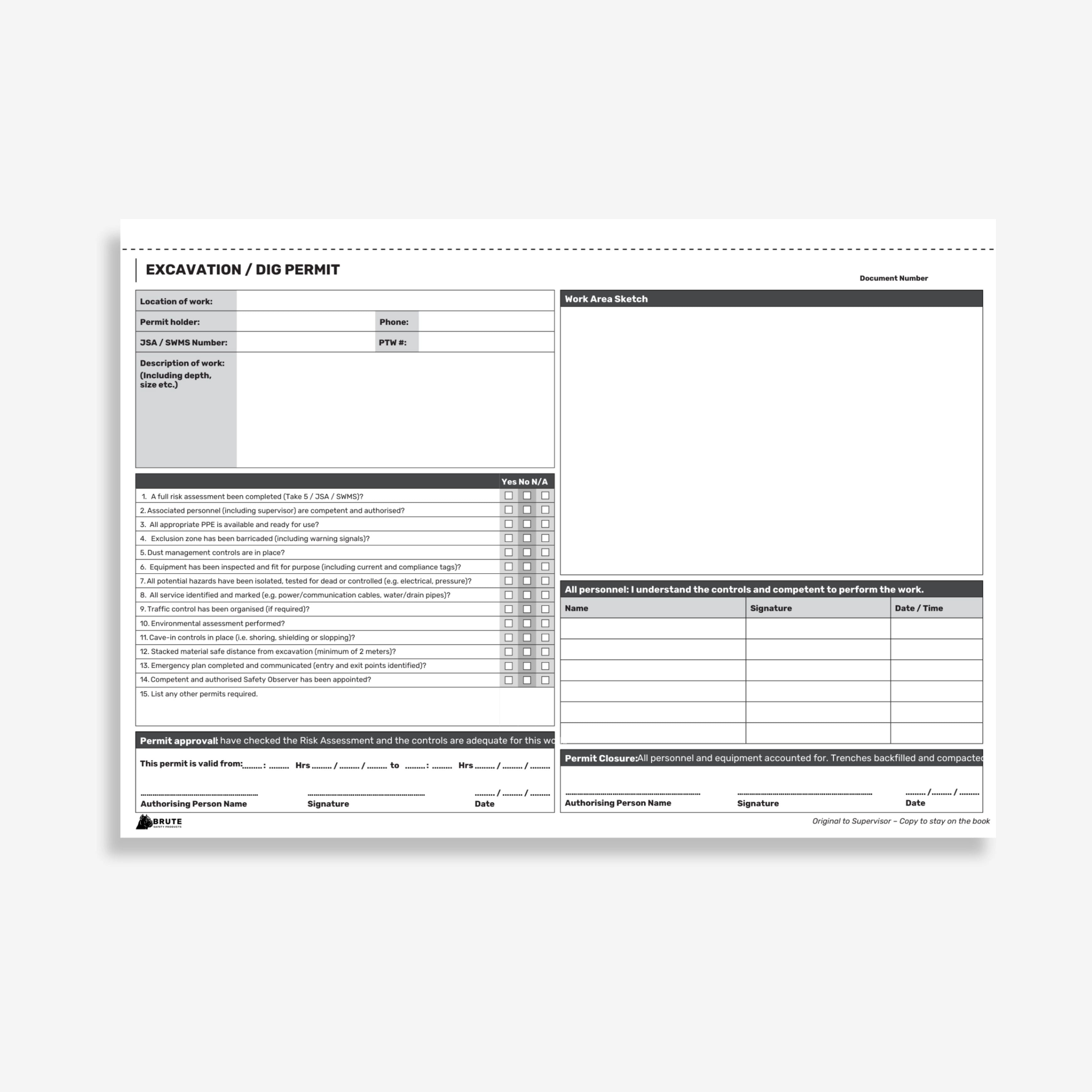 BSB 111 Excavation Permit Book opened flat showing duplicate sets with location, service checks and control measure fields at 210 x 297 mm size