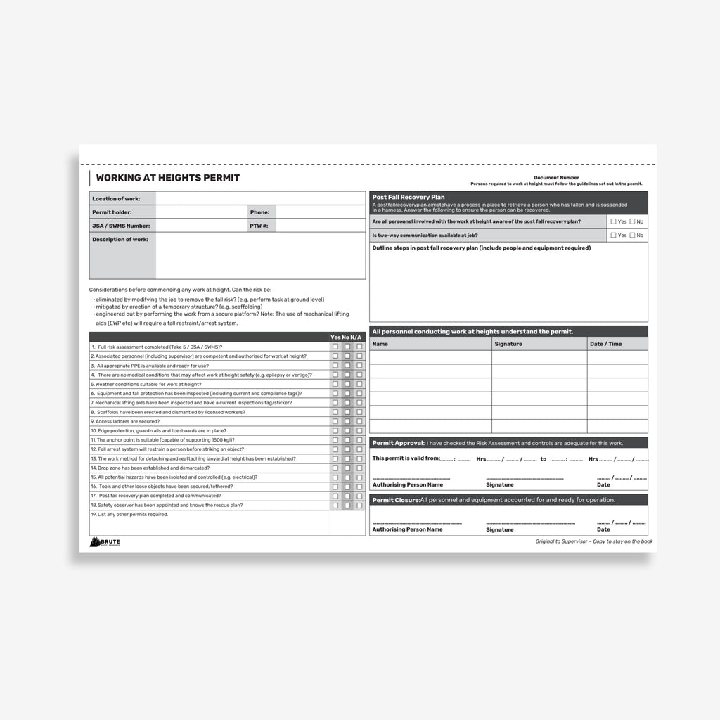 BSB 112 Working at Heights Permit Book opened flat showing duplicate sets with fall hazards, protection systems and rescue plan fields at 210 x 297 mm size