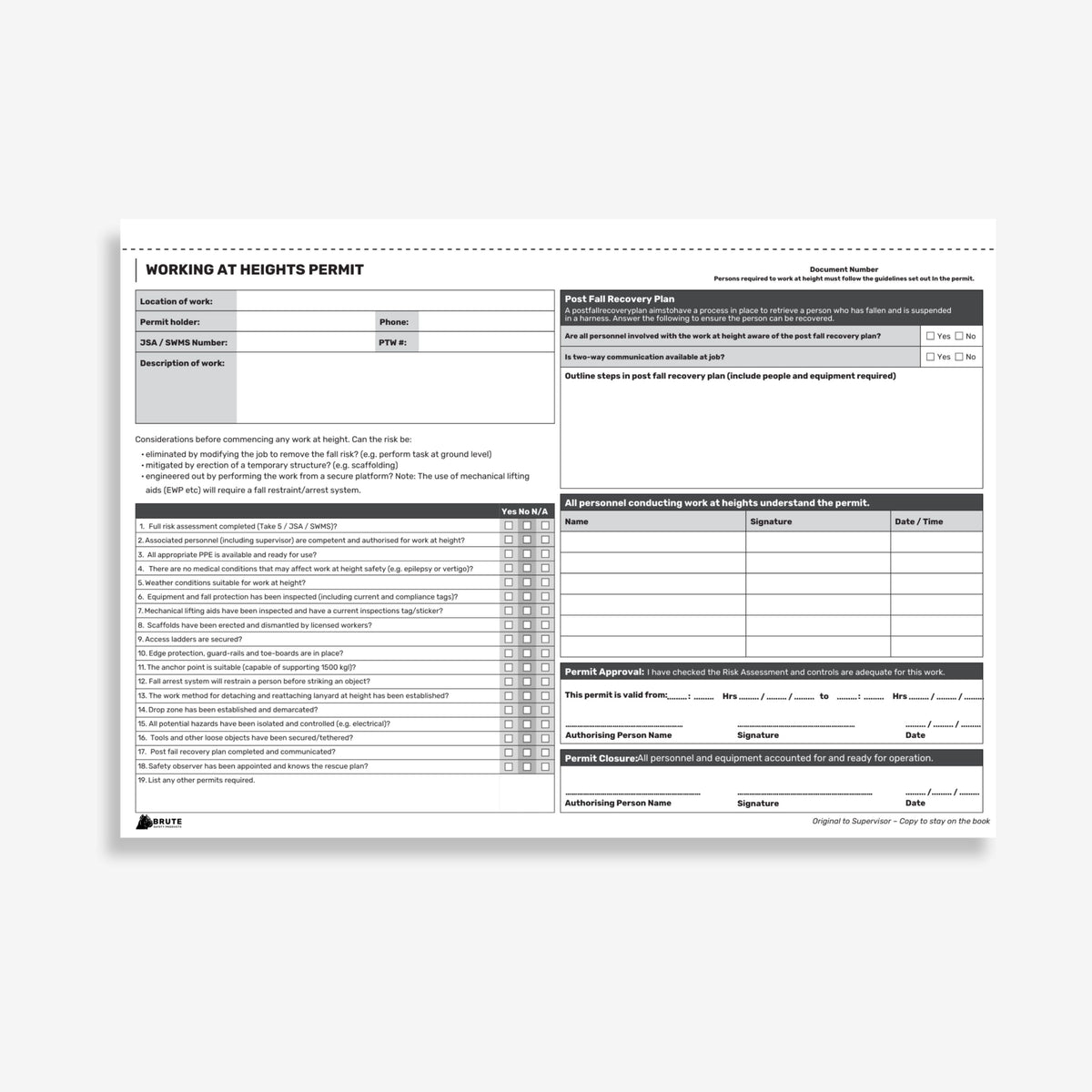 BSB 112 Working at Heights Permit Book opened flat showing duplicate sets with fall hazards, protection systems and rescue plan fields at 210 x 297 mm size