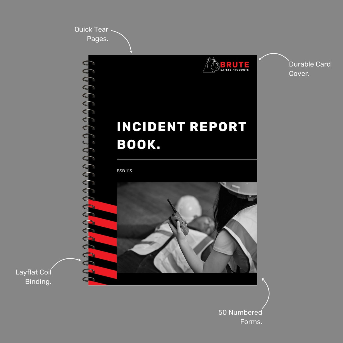 Close up of Incident Report Book highlighting sequentially numbered pages, 50 sets per book and A4 portrait format suitable for full incident detail recording