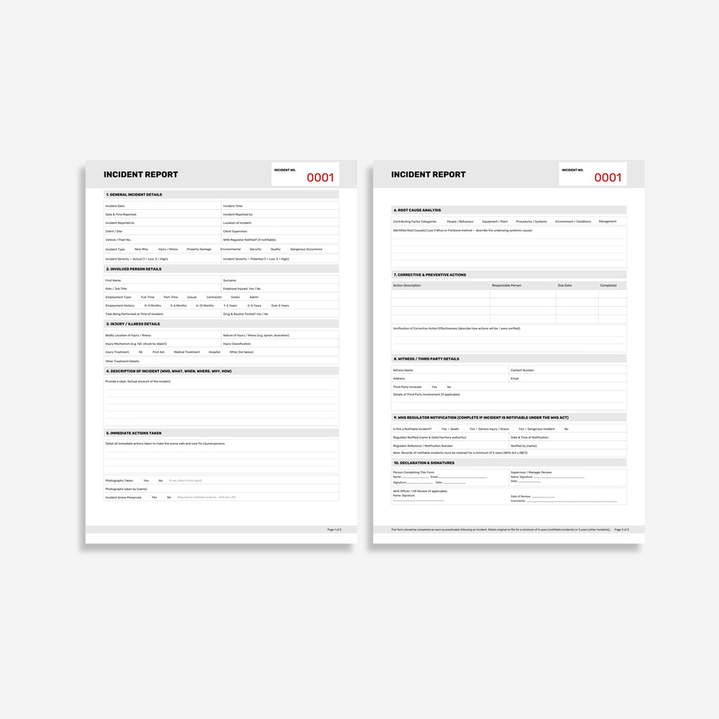 Incident Report Book laid flat and open showing 100gsm white paper internals, sequentially numbered sets and coil bound spine laying flat for easy writing