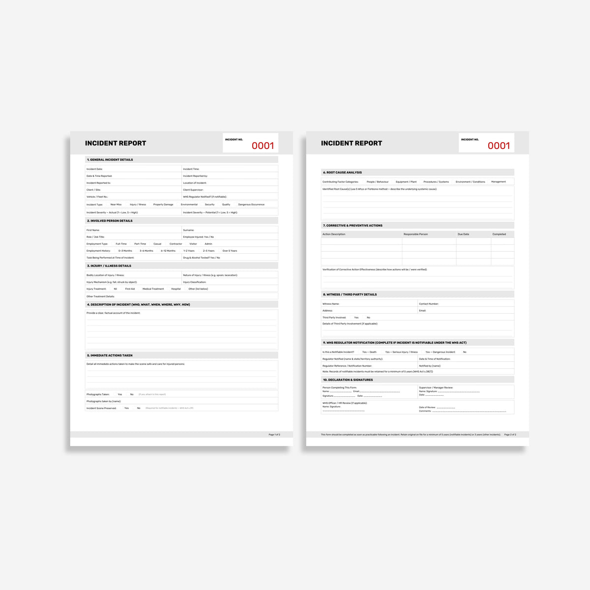 Incident Report Book laid flat and open showing 100gsm white paper internals, sequentially numbered sets and coil bound spine laying flat for easy writing