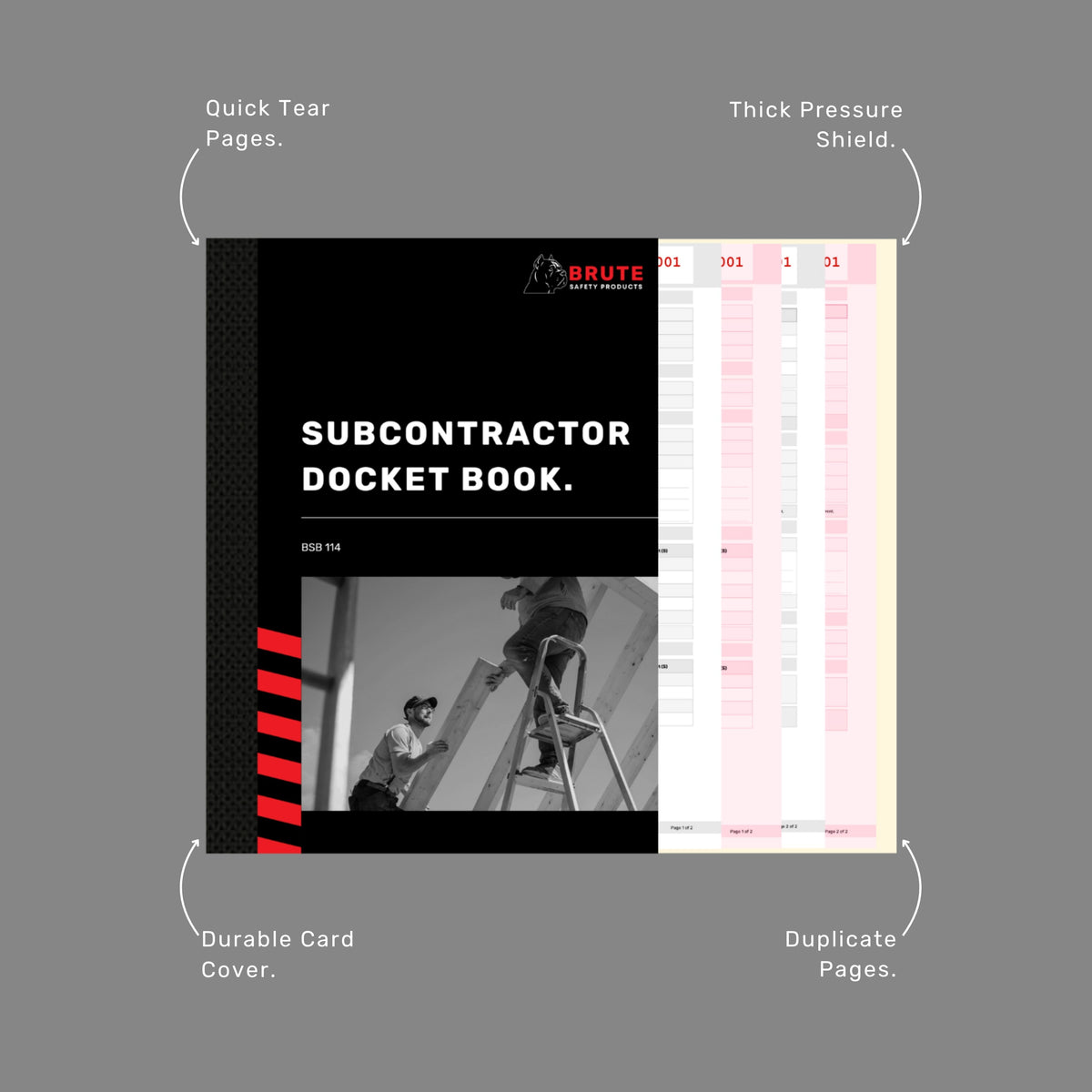 Subcontractor Docket Book benefits callout highlighting quick tear perforated pages, thick pressure shield, durable card cover and duplicate pages features