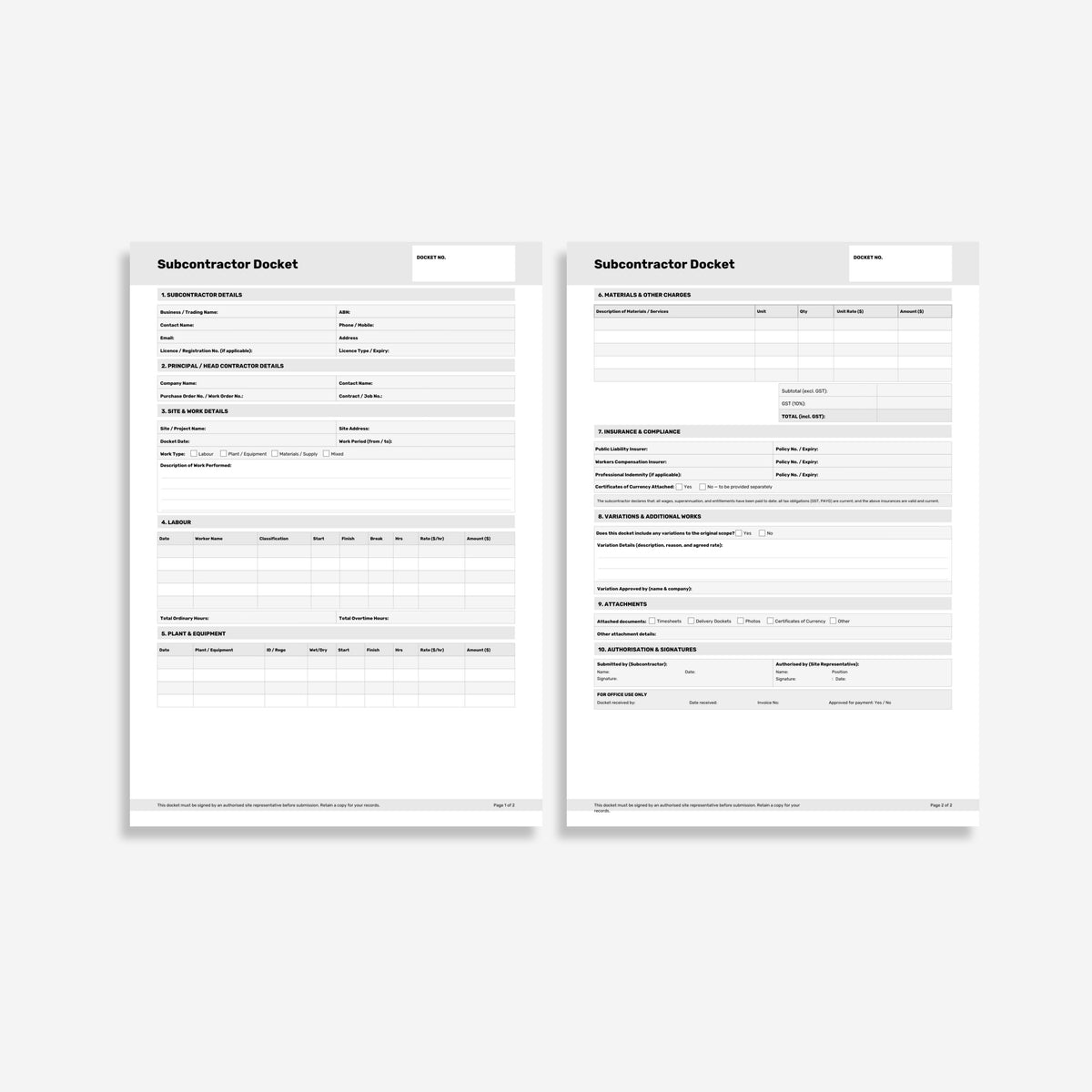 BSB 114 Subcontractor Docket Book opened flat showing duplicate sets across two pages with subcontractor details, labour, plant, materials, insurance and authorisation fields visible at 210 x 297mm