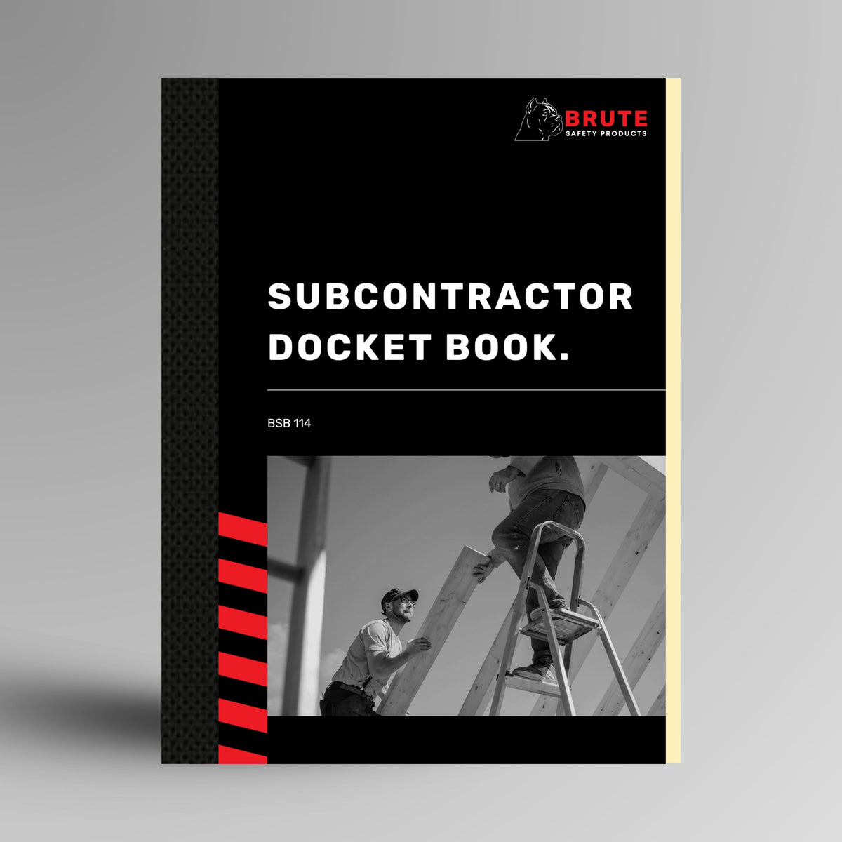 BSB 114 Subcontractor Docket Book shown upright in black with Brute Safety Products branding on A4 portrait card cover