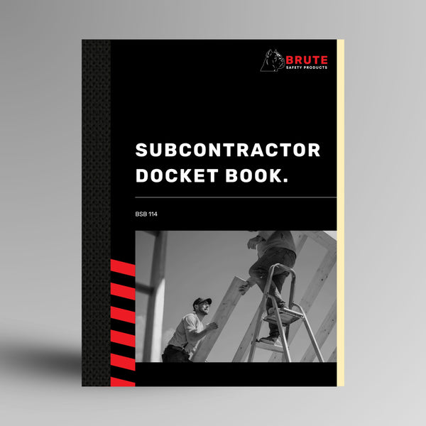 BSB 114 Subcontractor Docket Book shown upright in black with Brute Safety Products branding on A4 portrait card cover