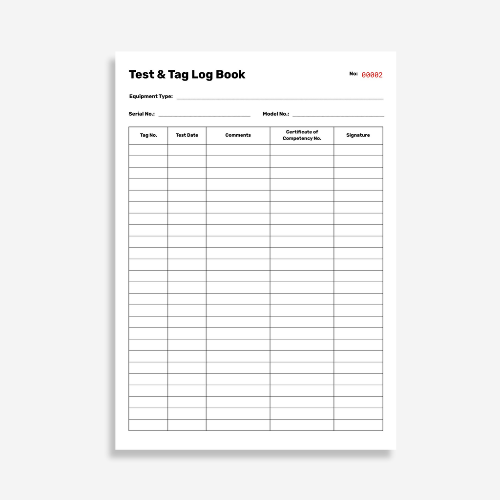 BSB 115 Test and Tag Log Book opened flat showing duplicate sets with electrical testing record fields, taped on left at A4 portrait size