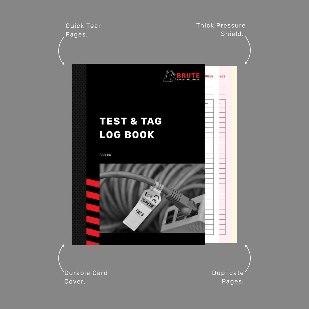 Brute Safety Products BSB 115 Test and Tag Log Book shown with four callout labels pointing to product features including quick tear pages, thick pressure shield, durable card cover, and duplicate NCR pages.
