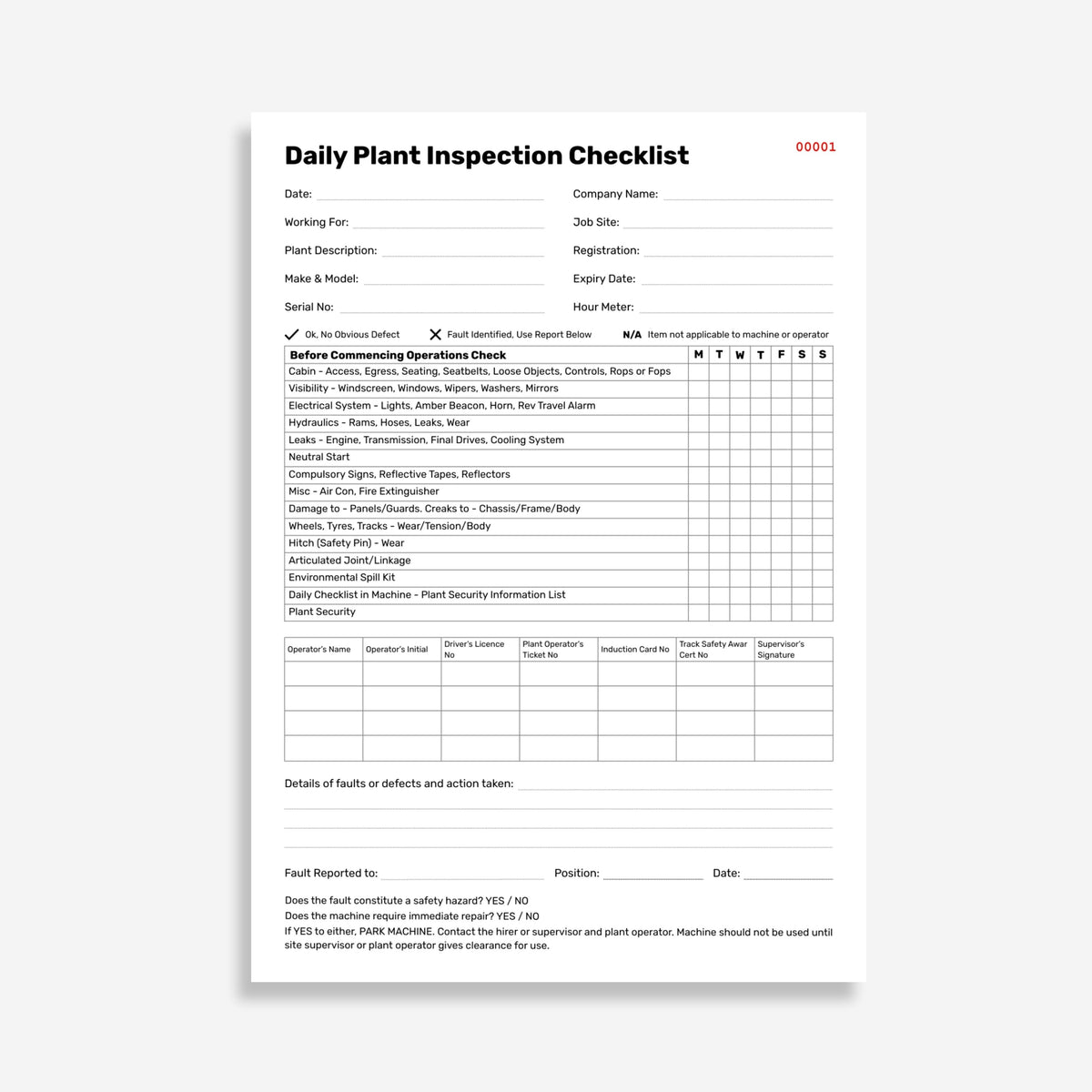 Brute Safety Products BSB 116 Daily Plant Inspection book shown layflat, displaying the inner NCR checklist page titled Daily Plant Inspection Checklist with numbered form fields, operator sign-off table, and a seven day inspection grid covering checks for cabin access, hydraulics, electrical systems, tyres, and environmental spill kits.