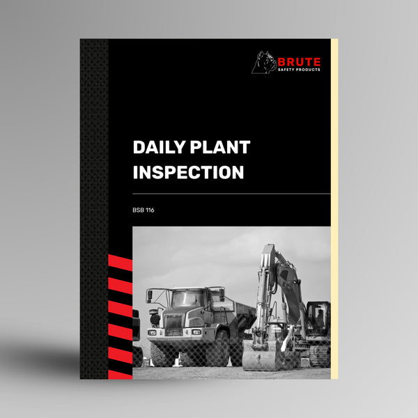 Brute Safety Products BSB 116 Daily Plant Inspection book standing upright, showing the black card cover with red stripe detail, Brute Safety Products logo, and construction plant machinery photograph in greyscale.