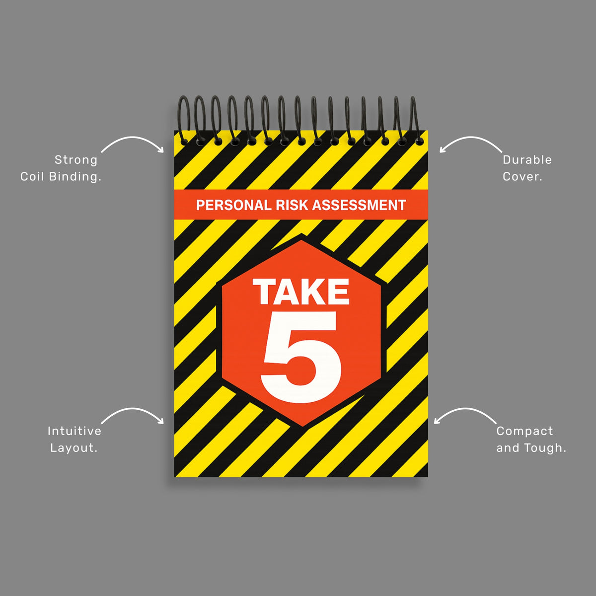 Take 5 Book benefits callout highlighting, spiral binding and pocket size risk assessment features