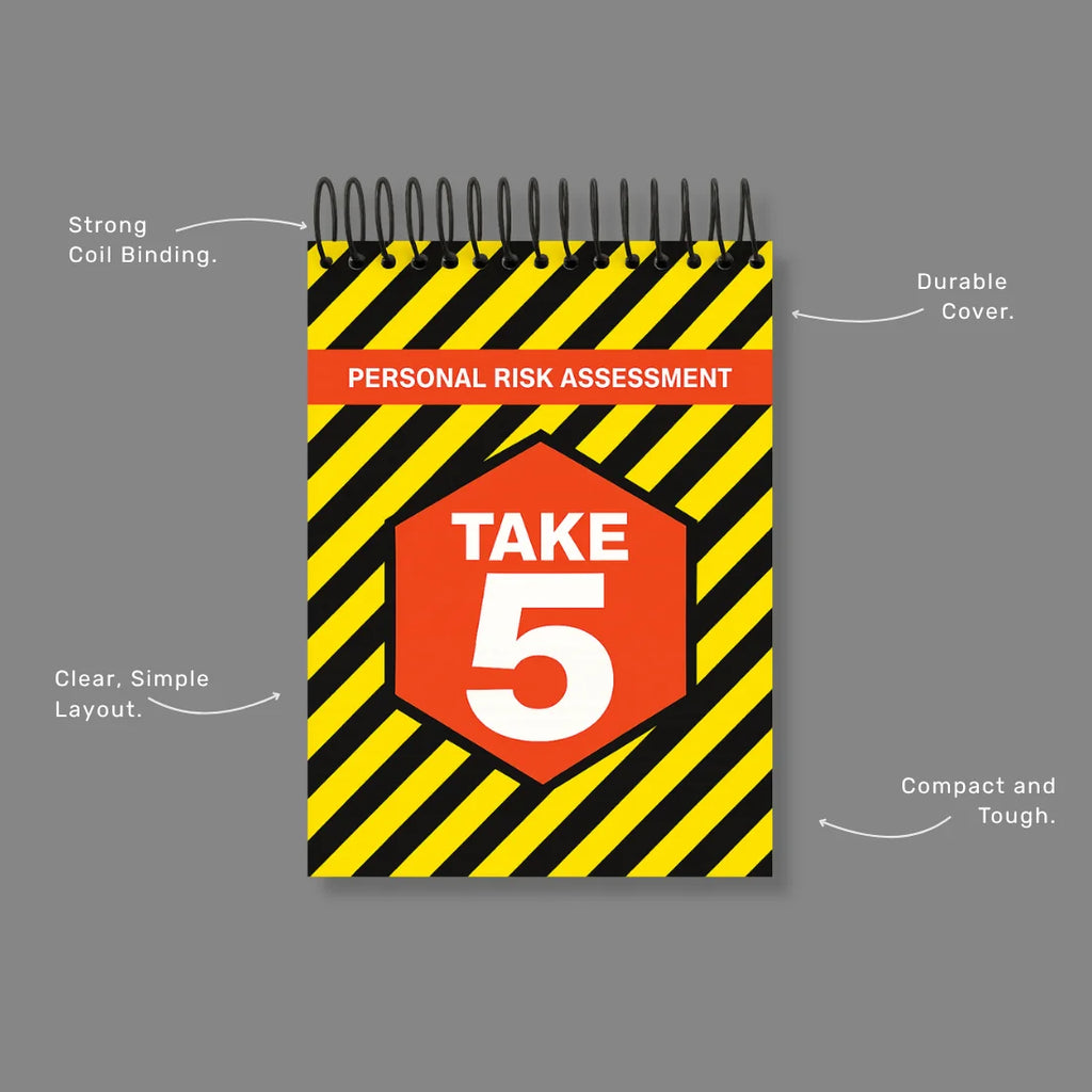Take 5 Book benefits callout highlighting, spiral binding and pocket size risk assessment features