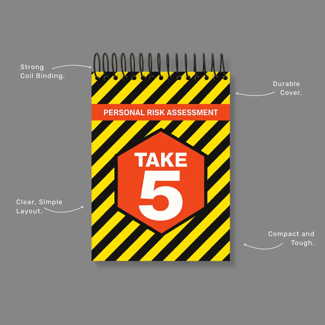Take 5 Book benefits callout highlighting, spiral binding and pocket size risk assessment features