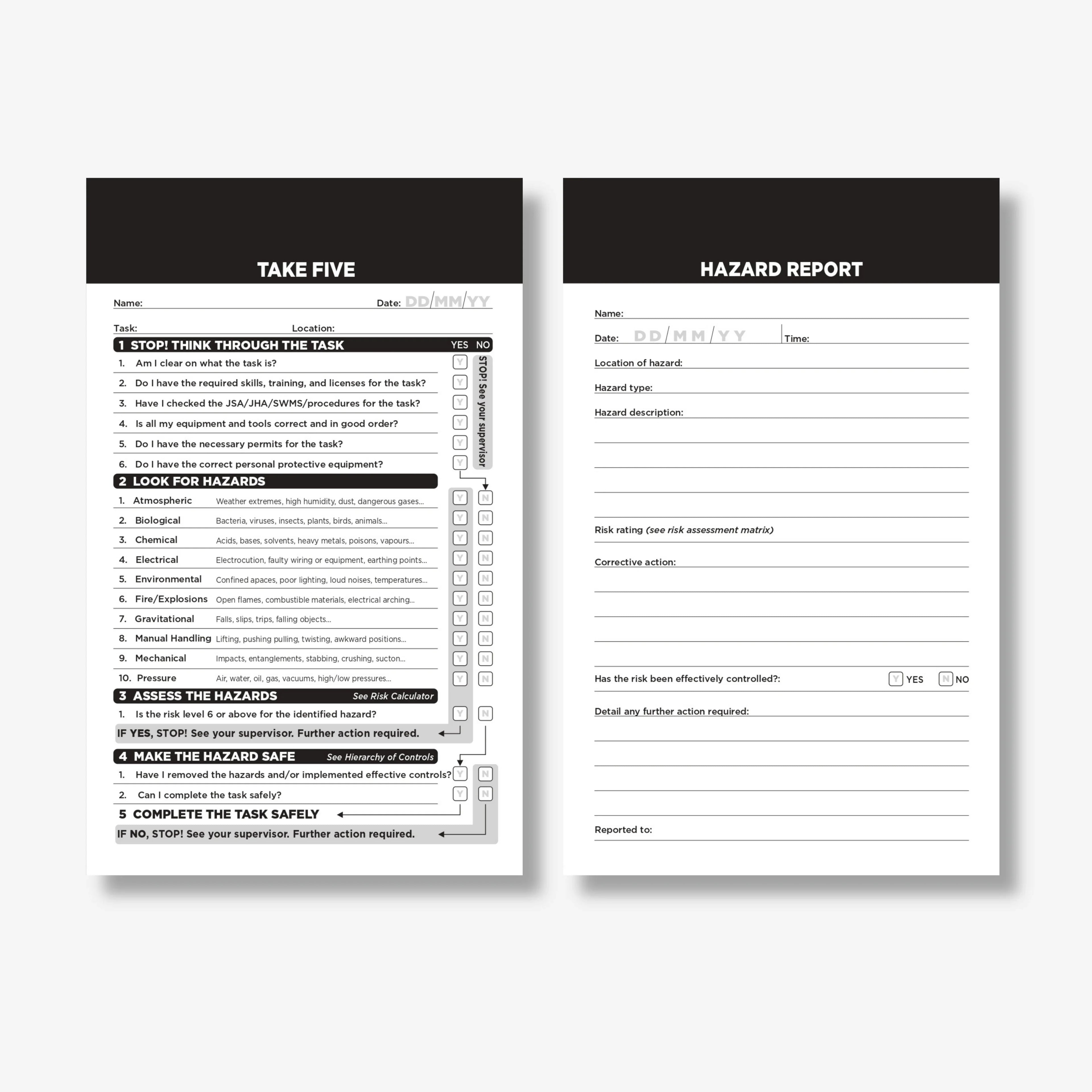 Take 5 Book opened flat showing with five step safety check fields on 100gsm paper at 130 x 80 mm size
