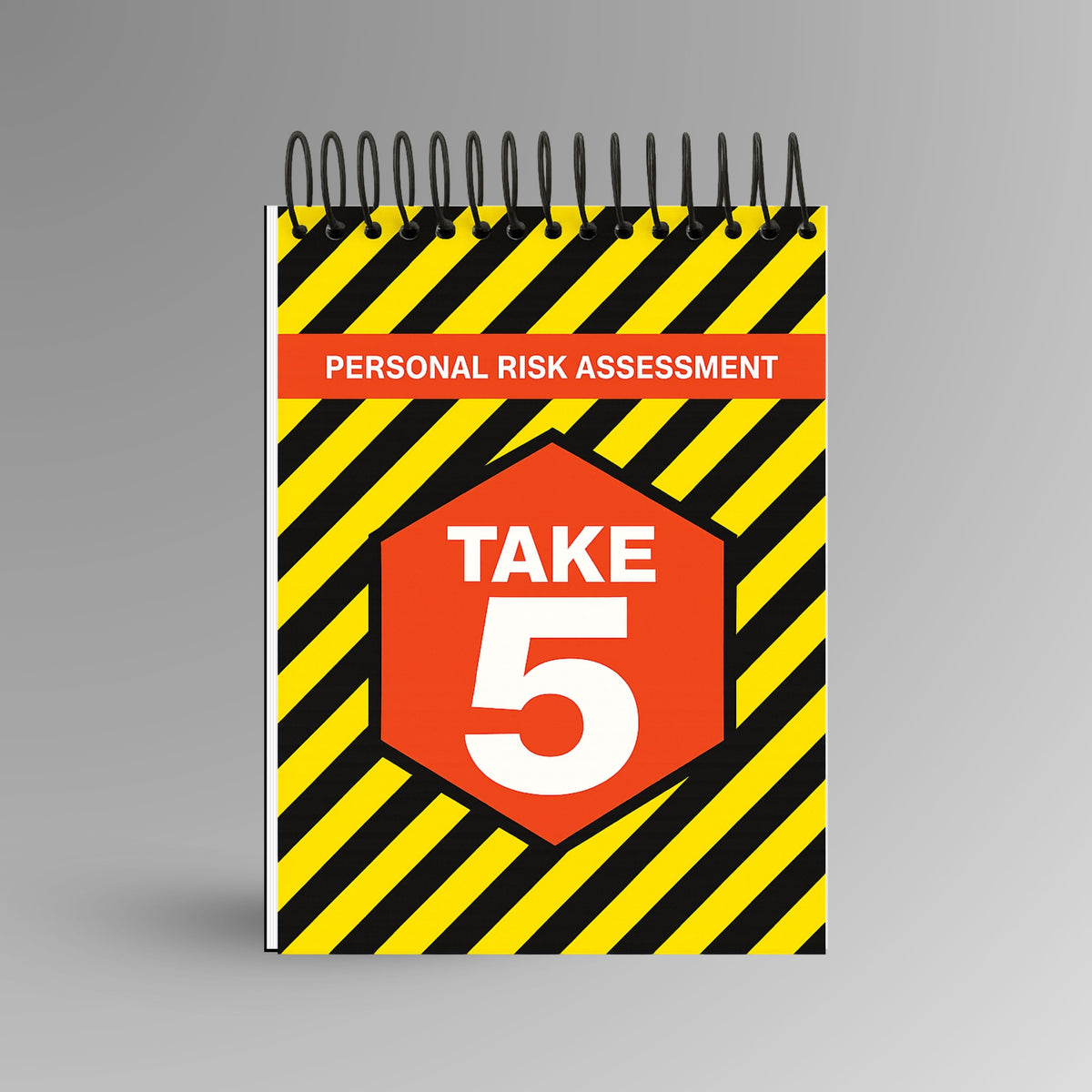 Take 5 Book shown upright in red and yellow with Brute Safety Products branding, compact 130 x 80 mm spiral bound design