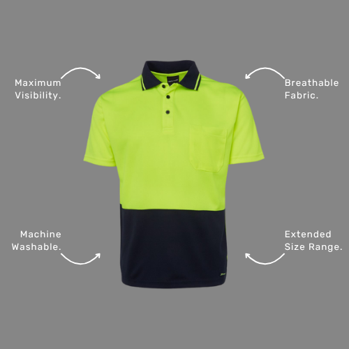 Benefits callout image highlighting BSC 001 polo features including moisture wicking technology, UPF 50+ sun protection, and compliance with Australian day visibility standards AS/NZS 4602.1