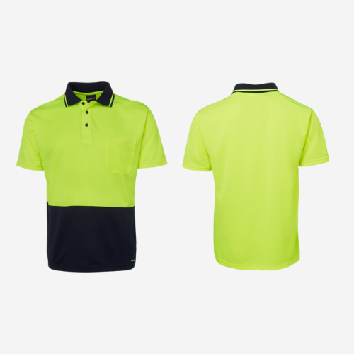 Layflat view of BSC 001 hi vis polo displaying lime yellow front panel with navy contrast shoulders and breathable micro mesh fabric construction