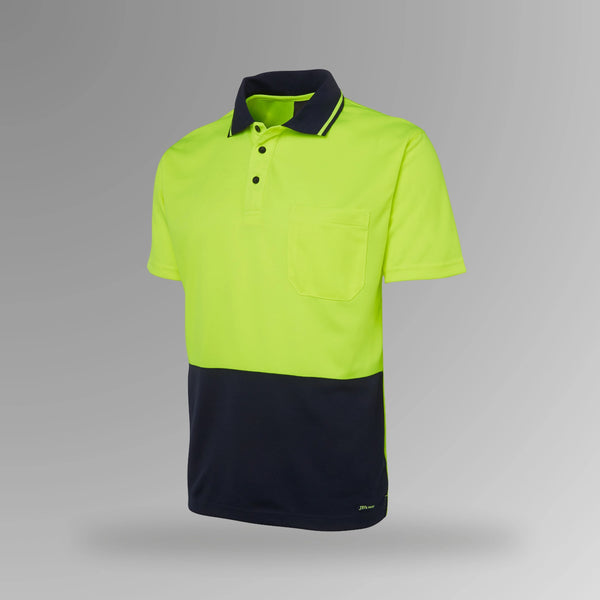 BSC 001 lime and navy hi vis short sleeve polo shirt in portrait view showing reinforced chest pocket with pen insert and side splits for comfort
