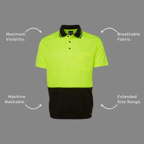 Benefits callout image showing BSC 002 polo features including quick dry fabric, moisture wicking technology, and Australian safety standard compliance for workplace visibility