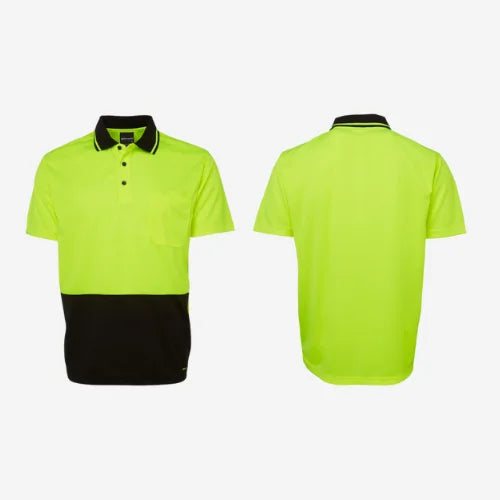 Layflat display of BSC 002 hi vis polo showing lime fluorescent body with black shoulders and micro mesh construction for breathability